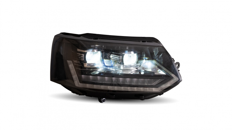 VOLL LED Tagfahrlicht Scheinwerfer für VW T5 GP (Facelift) 10-15 schwarz mit dynamischem LED Blinker und Begrüßungsfunktion